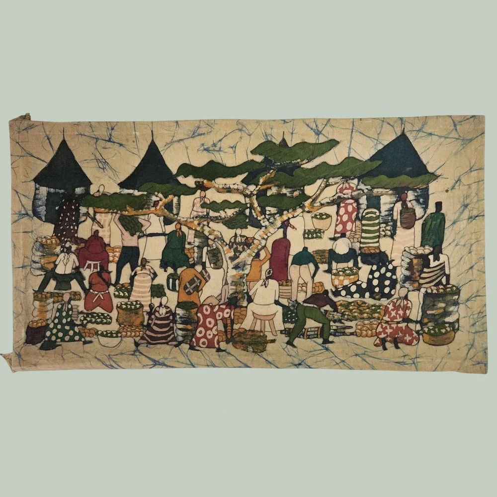 Vintage‎ African Batik Fabric Art Hand Painted Village Market Scene 30x16 Tan